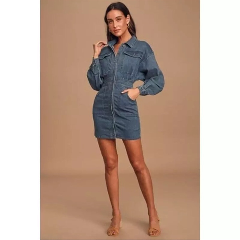 Free People Dark Wash Denim Long Sleeve Botton-Front Mini Dress  size XS
